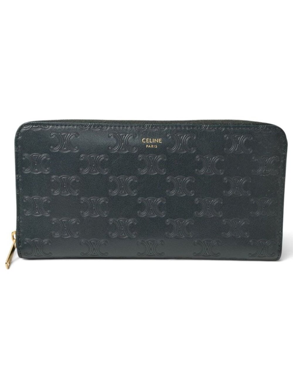 Celine Wallet Amazone Green Triomphe Embossed Large Zip Around Leather